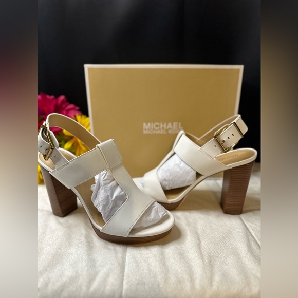 New Michael Kors Becker T Strap Leather Rare Optic White Block Heel 9.5M w/Box - Picture 14 of 16